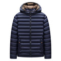 Men's lightweight hooded down jacket in army green with detachable collar and zipper pockets