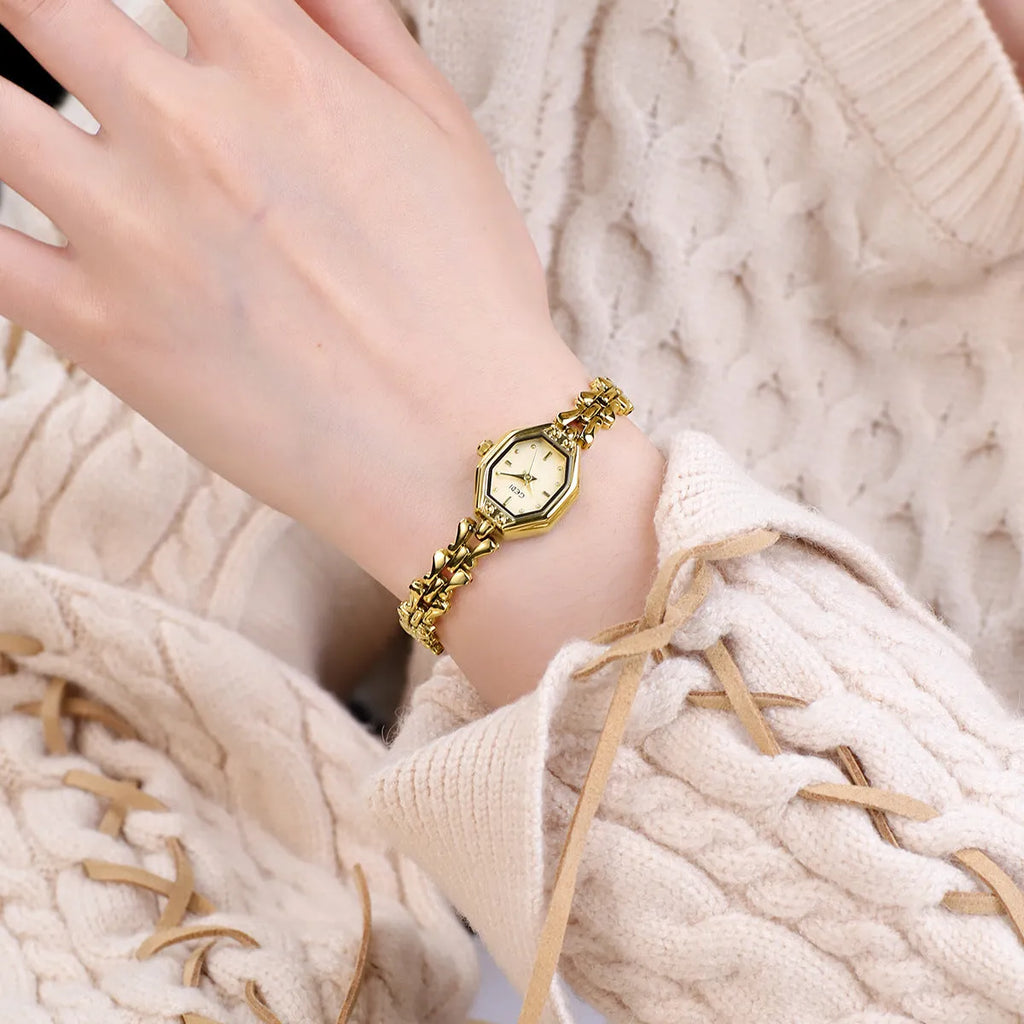 Luxury retro octagonal women's quartz watch with alloy strap and barrel-shaped dial, mineral glass mirror, steel gold white colour