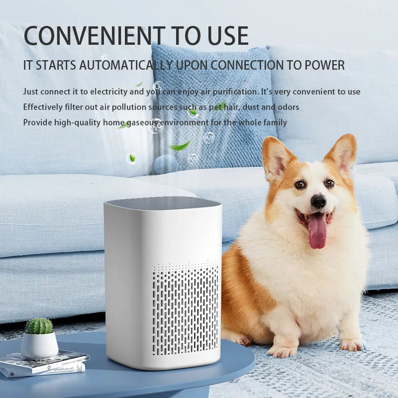 Simple style USB desktop air purifier and deodorant machine with panel heating on a desk.