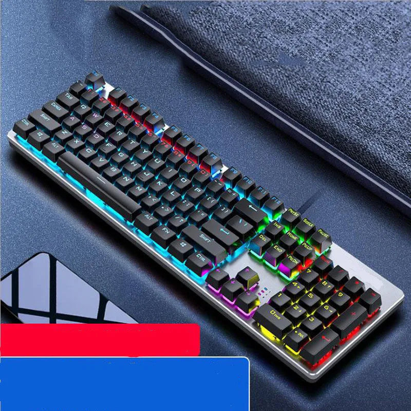 AOC GK410 mechanical keyboard with 104 keys, metal frame, and backlit keys on a desktop.