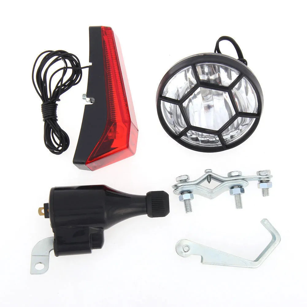Silver bicycle generator light kit for front fork or rear frame installation with friction dynamo power generation