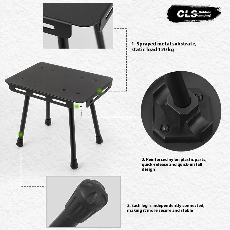 CLS aluminium alloy dual-use folding camping table shown converted into a stool with a green PU mat cushion.