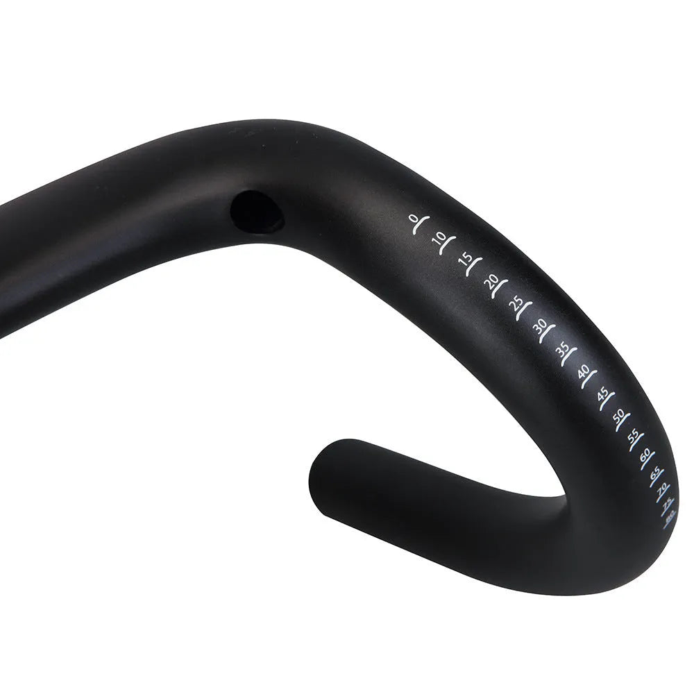 Black carbon fibre road bicycle handlebars showing large swing angle design