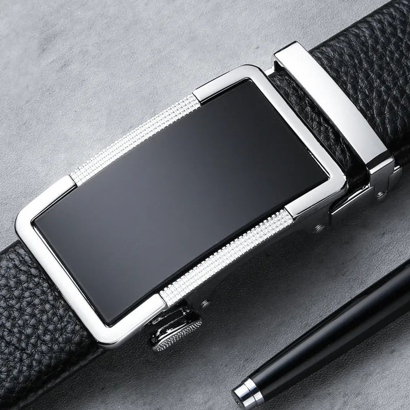 Men's leather belt with an automatic comfort click buckle in gun black, silver, or gold colour
