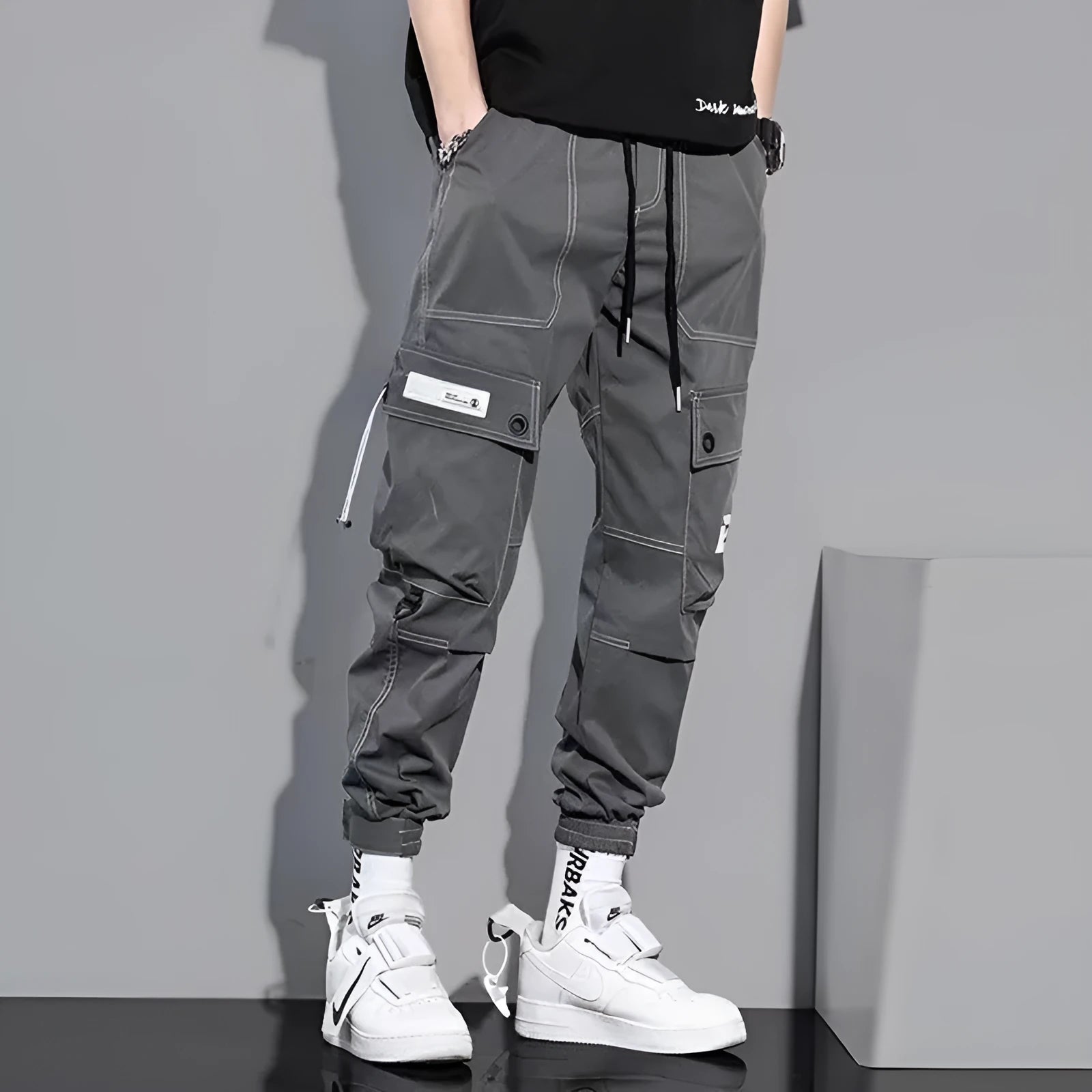 Men's loose fit polyester solid colour trousers in black or gray, autumn casual style, size S to 5XL