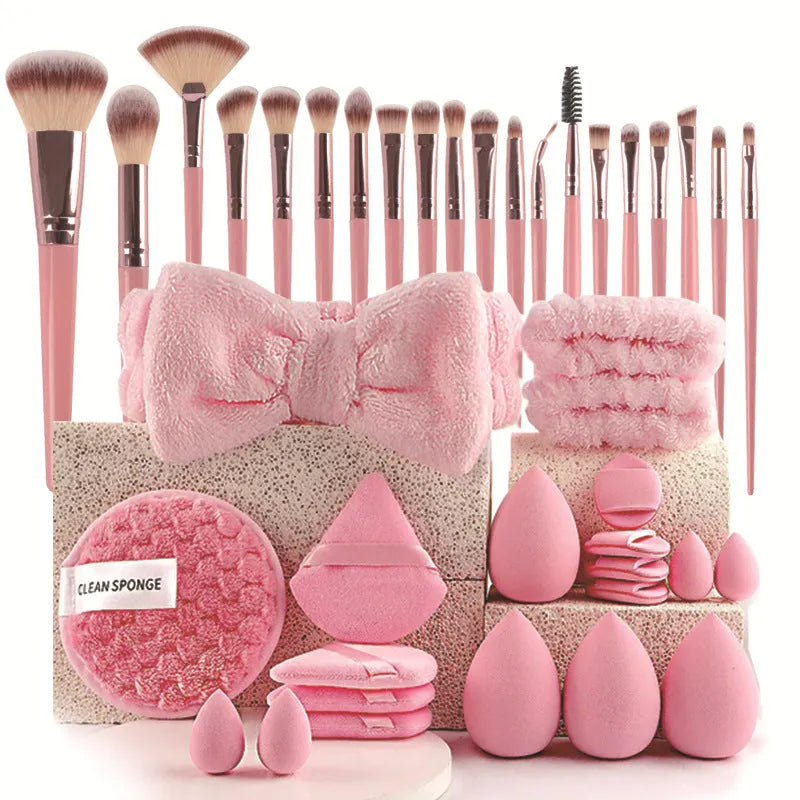 Professional makeup brush set with face wash tools in brown, pink, and purple colour options