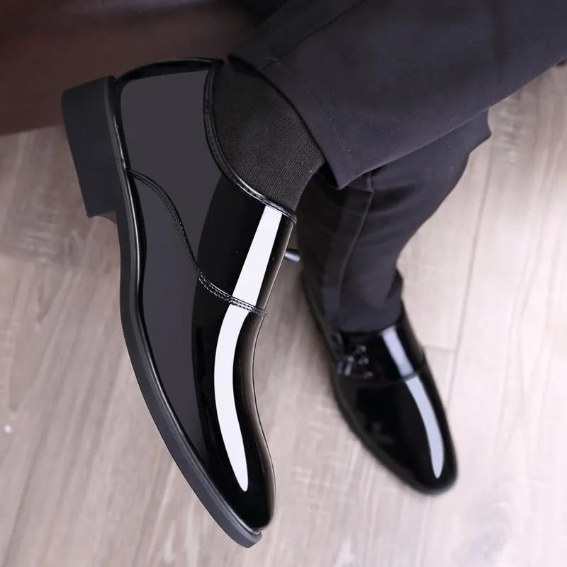 Men's black formal slip-on shoes with square heel and round toe
