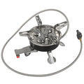 Silver foldable stainless steel split camping stove with extended fuel hose, shown unfolded.