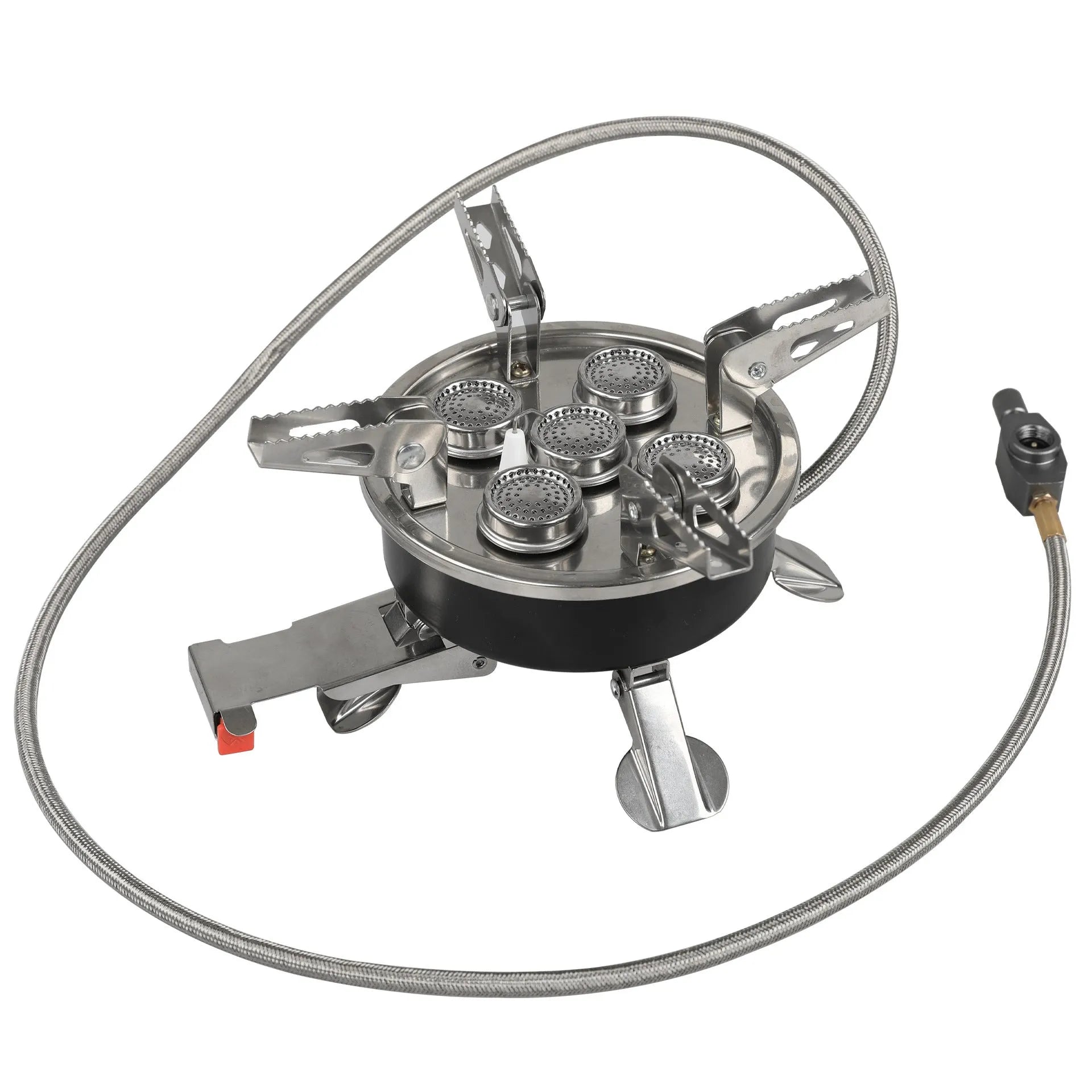 Silver foldable stainless steel split camping stove with extended fuel hose, shown unfolded.