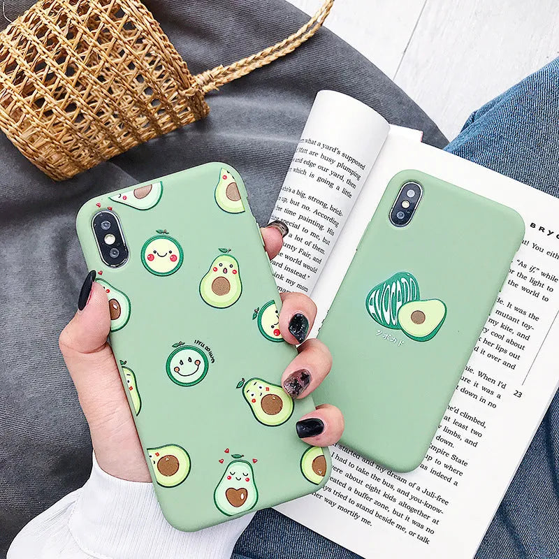 Colourful avocado cartoon design on a flexible TPU phone case for iPhones and Android models.