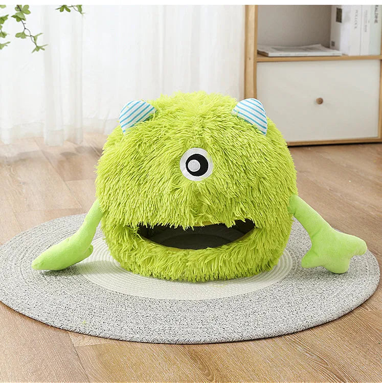 Fluffy round cat bed with non-slip base shown in three size options