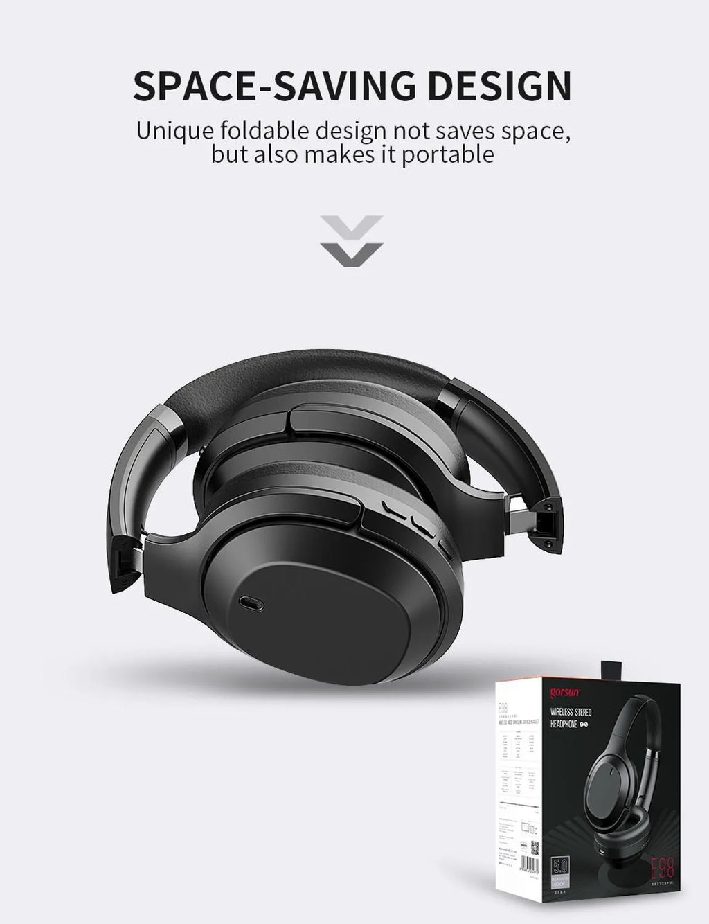 Black gorsun E98 over-ear wireless Bluetooth headphones with adjustable headband and memory-protein ear cushions.