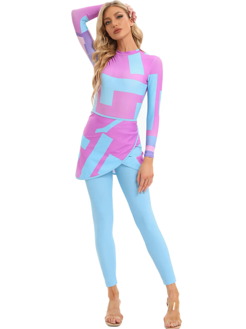 Muslim conservative beach swimsuit three-piece set with apron in blue Sapphire colour
