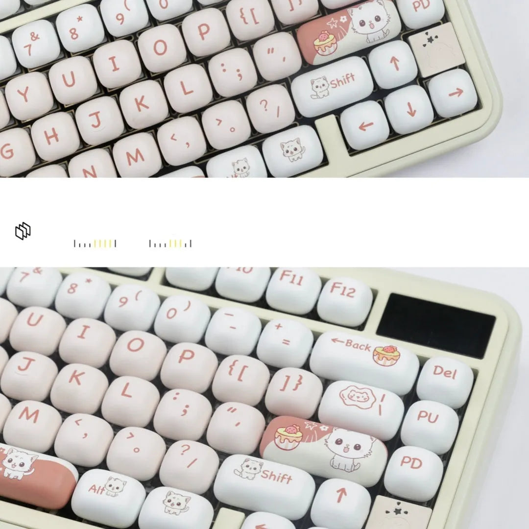 Dessert Cat MOG round sublimation key cap set for mechanical keyboards, shown in cartoon anime design.