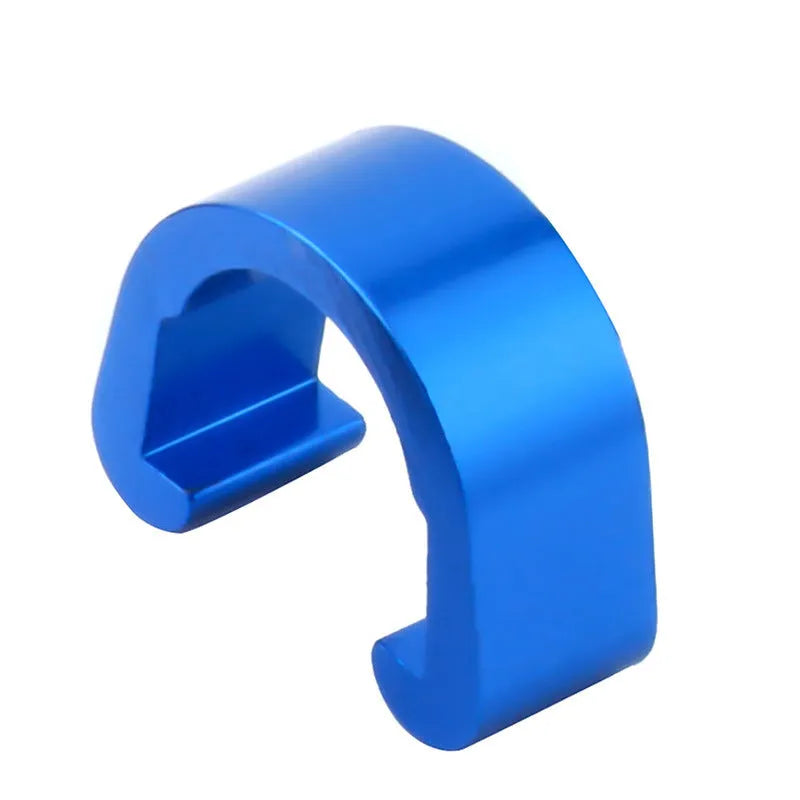 Set of aluminium alloy C buckles in various colours on a white background.