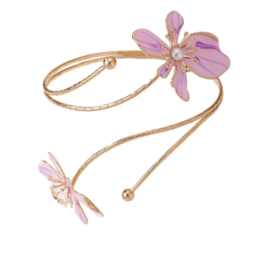 Adjustable alloy armband with hollow pattern design in pink or purple colour