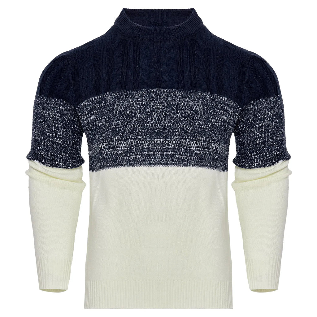 Men's knitted long-sleeve pullover sweater shown in multiple sizes and style variations.