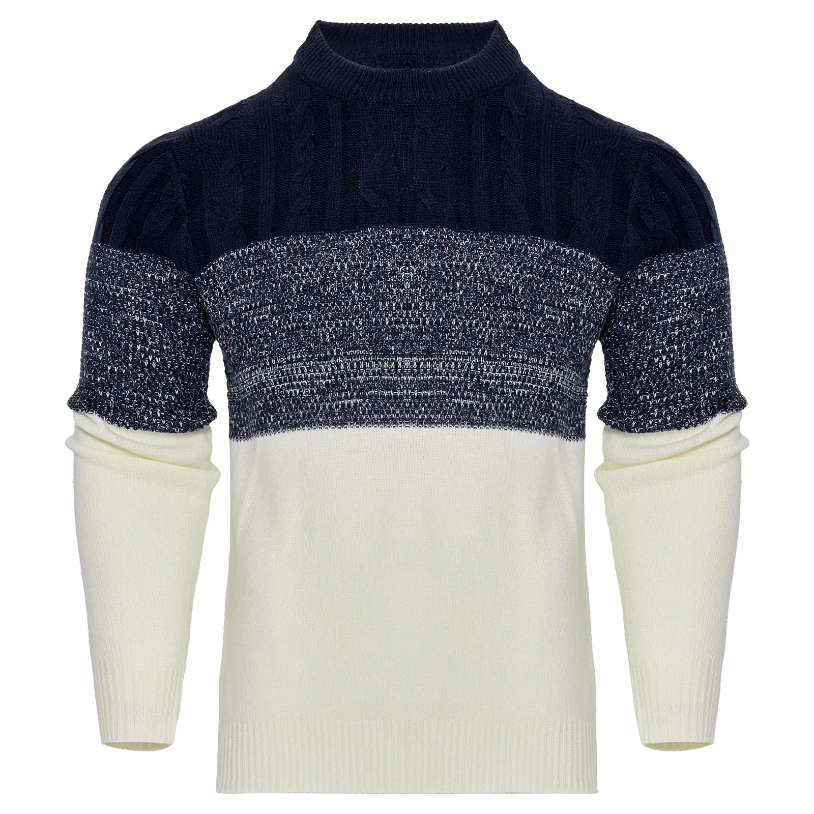 Men's knitted long-sleeve pullover sweater shown in multiple sizes and style variations.