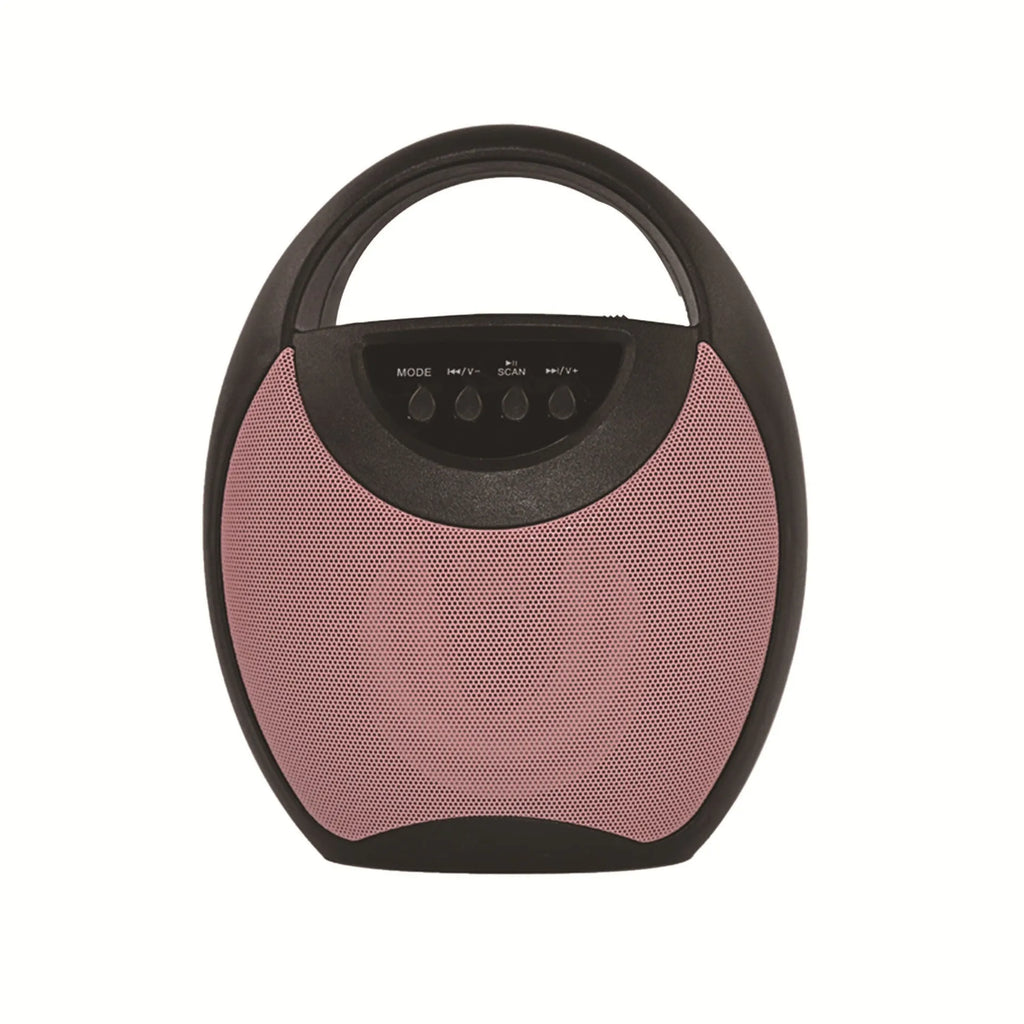 Portable Bluetooth speaker in black, blue, or pink colours with USB port and SD card slot visible