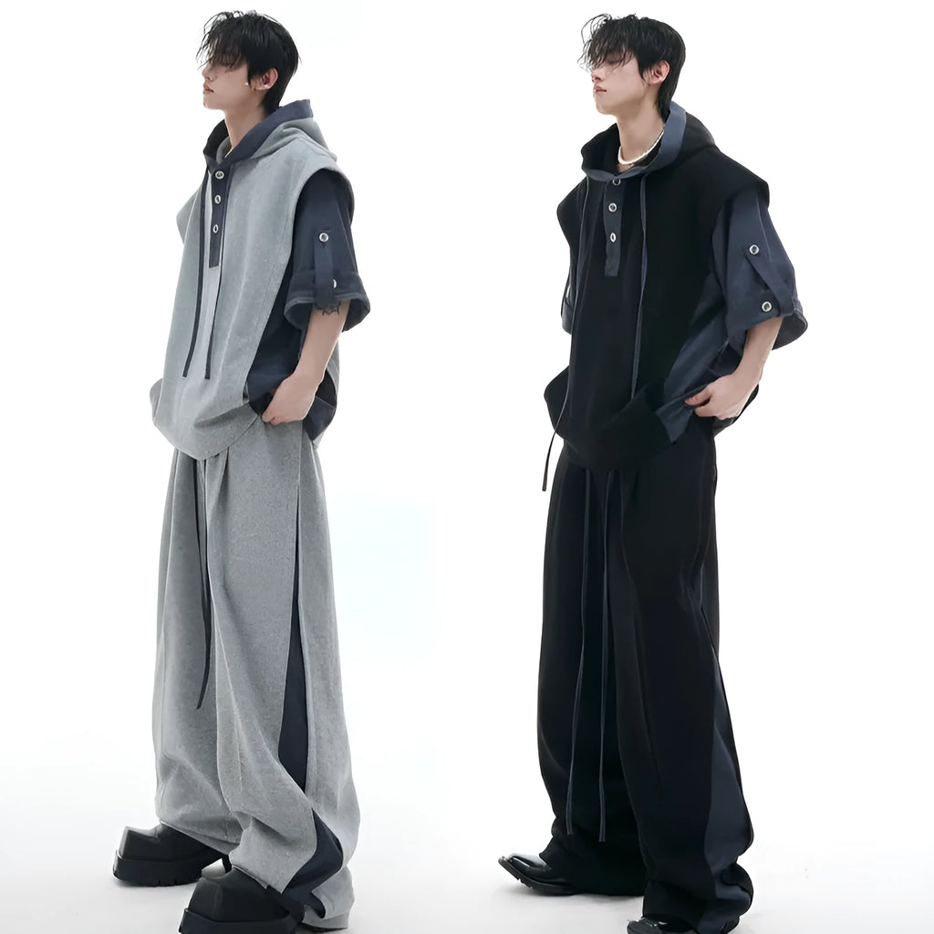 Men's grey hooded short sleeve polyester sports suit with three-dimensional stitching and matching trousers