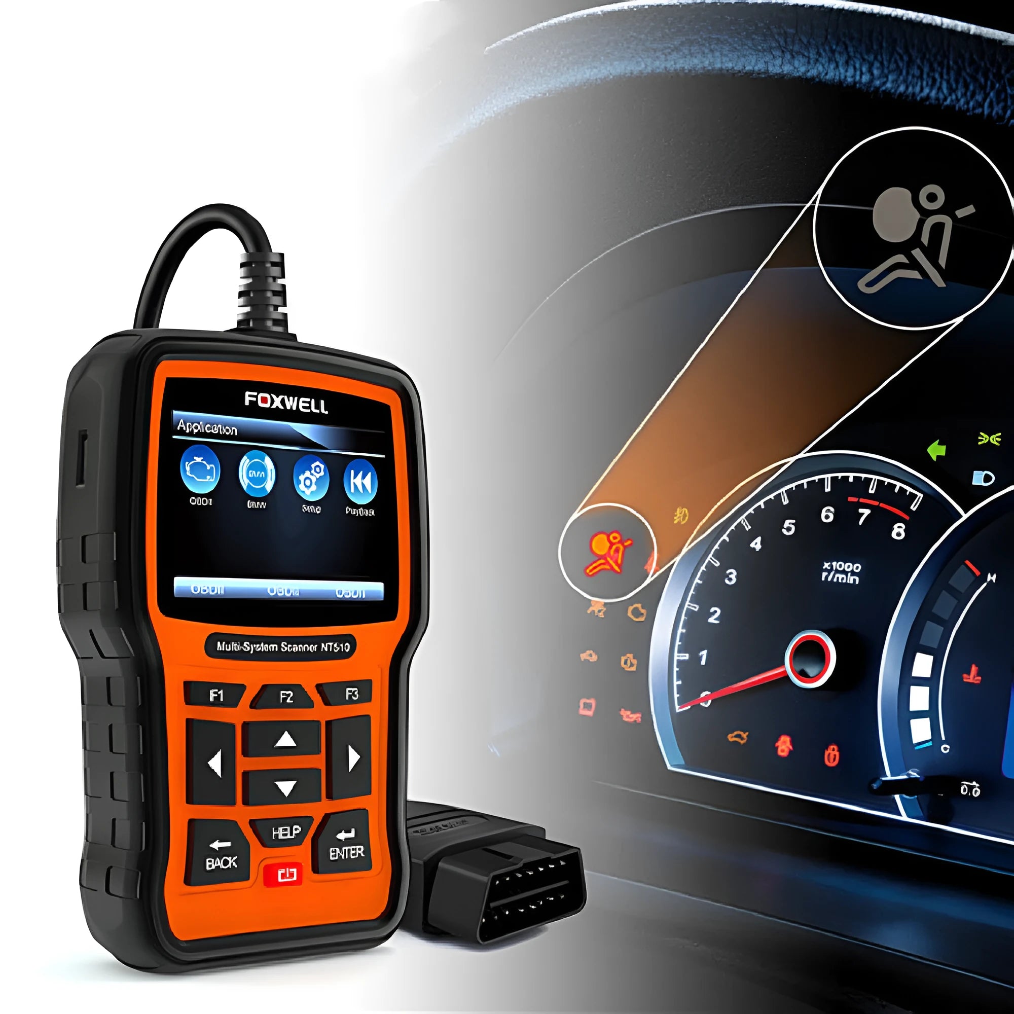Foxwell NT510 orange and black automotive OBD2 diagnostic scanner with data cable