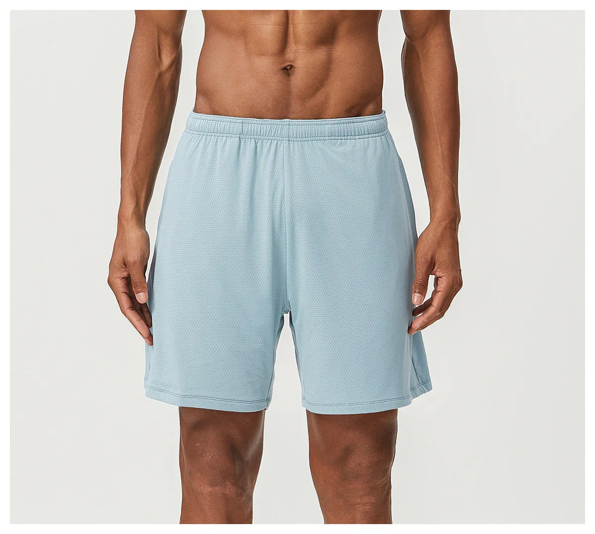 Men's double-layer running shorts in sky green colour with quick-dry fabric and moisture-wicking lining
