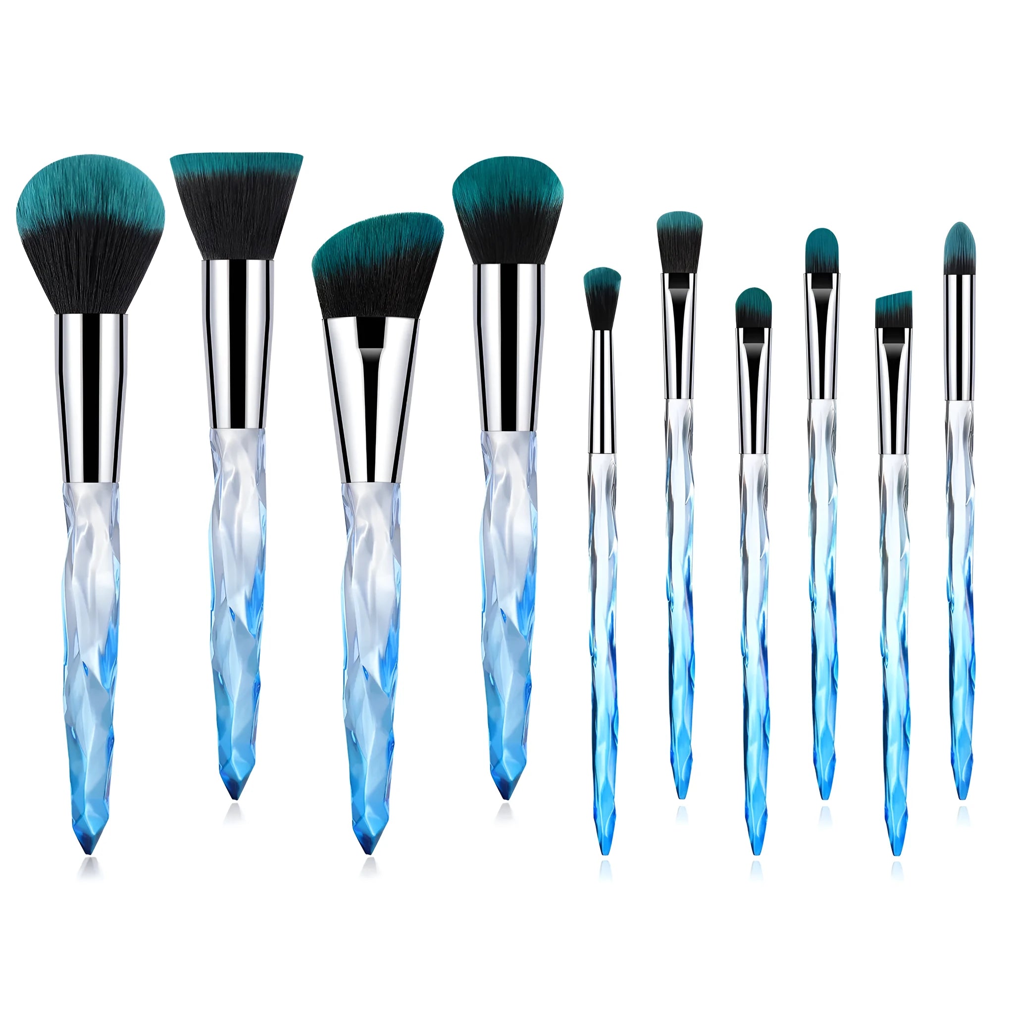 Ten crystal-handle foundation brushes with artificial fibre bristles in black, blue, red, and yellow colour options