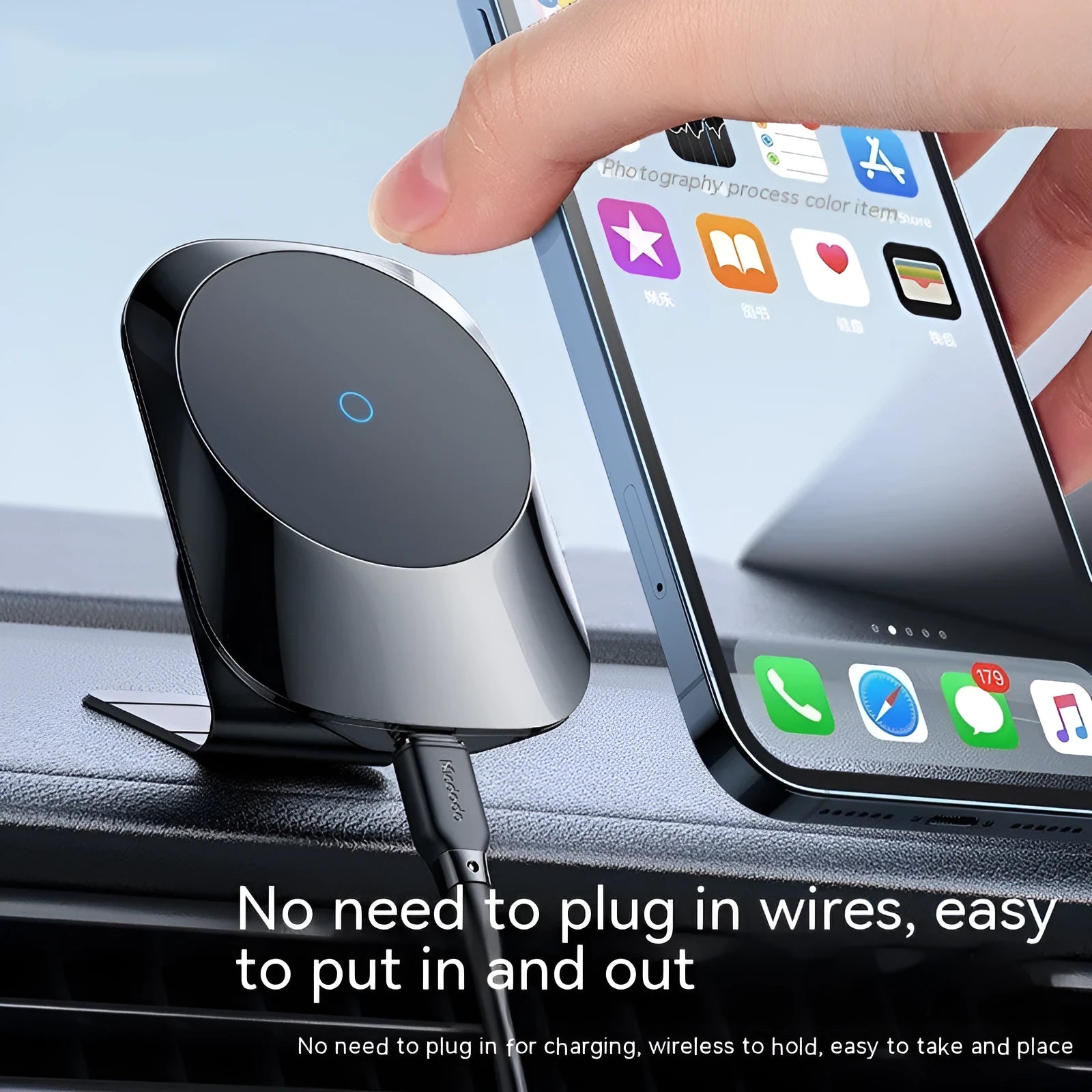 Black magnetic car wireless charging pad with air vent clip mount next to white model on centre console base.