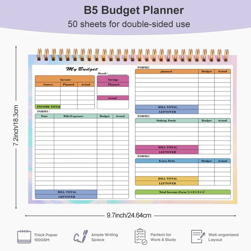 B5 budget tally book with blue PP cover and spiral binding for income and expenditure tracking