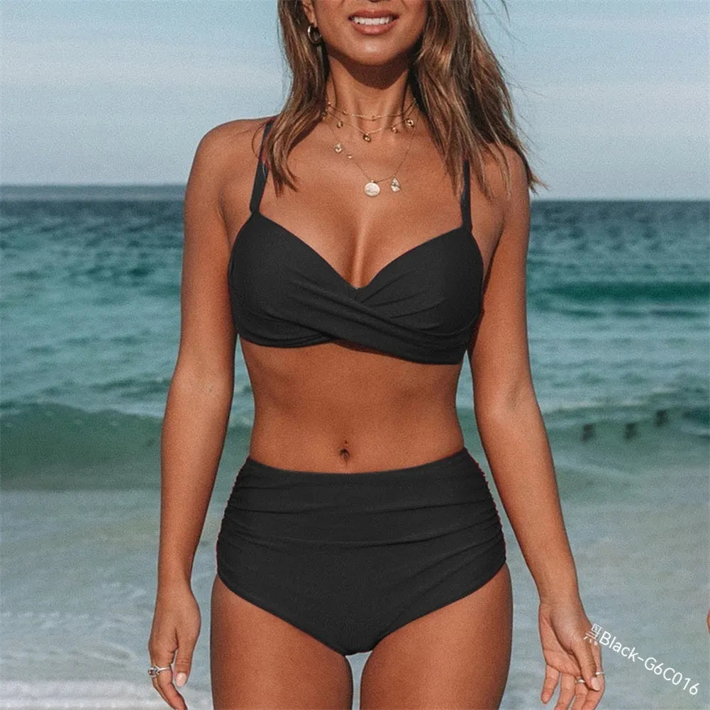 Women's solid colour cross-strap bikini swimsuit for swimming and fitness