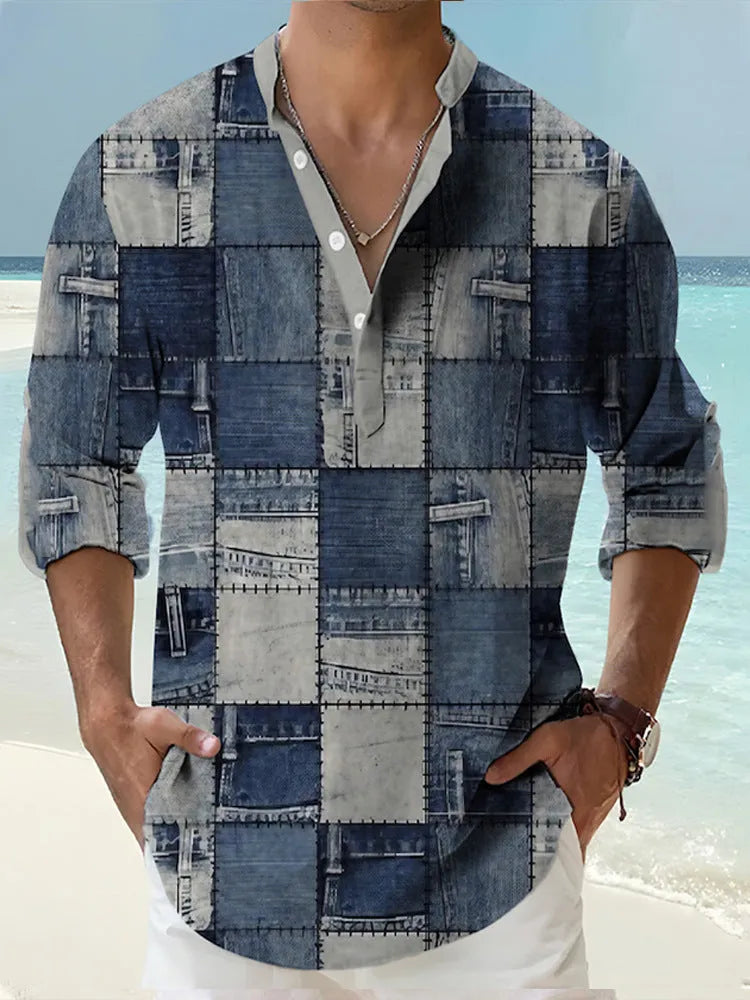 Men's thin Hawaiian long sleeve shirt in digital bamboo linen stripe pattern