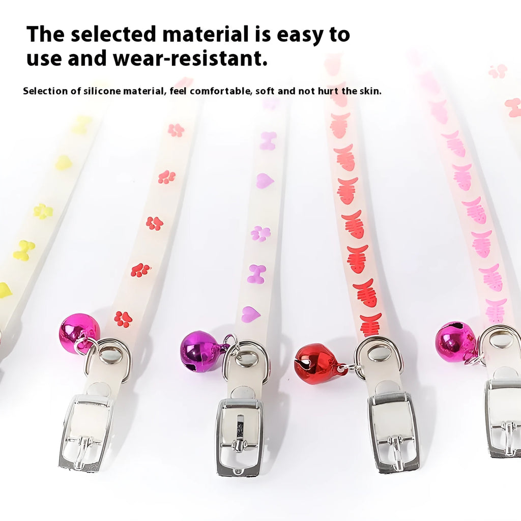 Glow-in-the-dark adjustable cat collar with metal bell in love, fishbone, footprint or paw print design