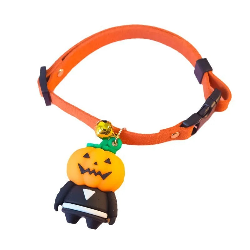 Halloween dog collar with pumpkin man and glow-in-the-dark skull designs in adjustable sizes.