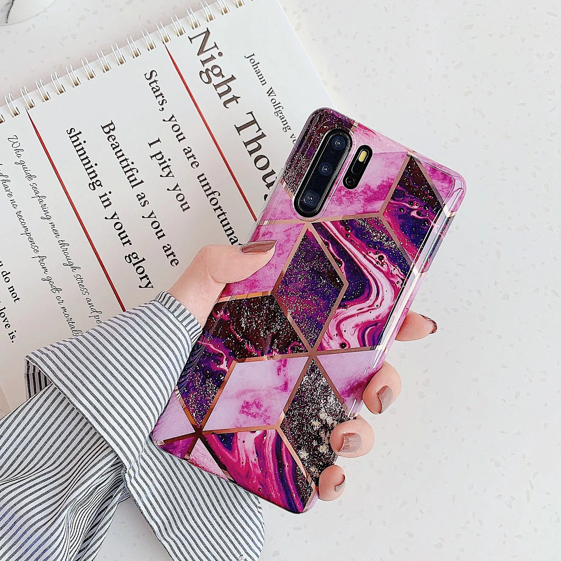 Electroplated marble finish TPU back cover case for Huawei and Samsung smartphones in multiple colours.