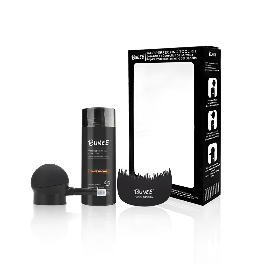 Boxed set of hair thickening fibre powder, applicator brush, and comb in various hair colour shades.