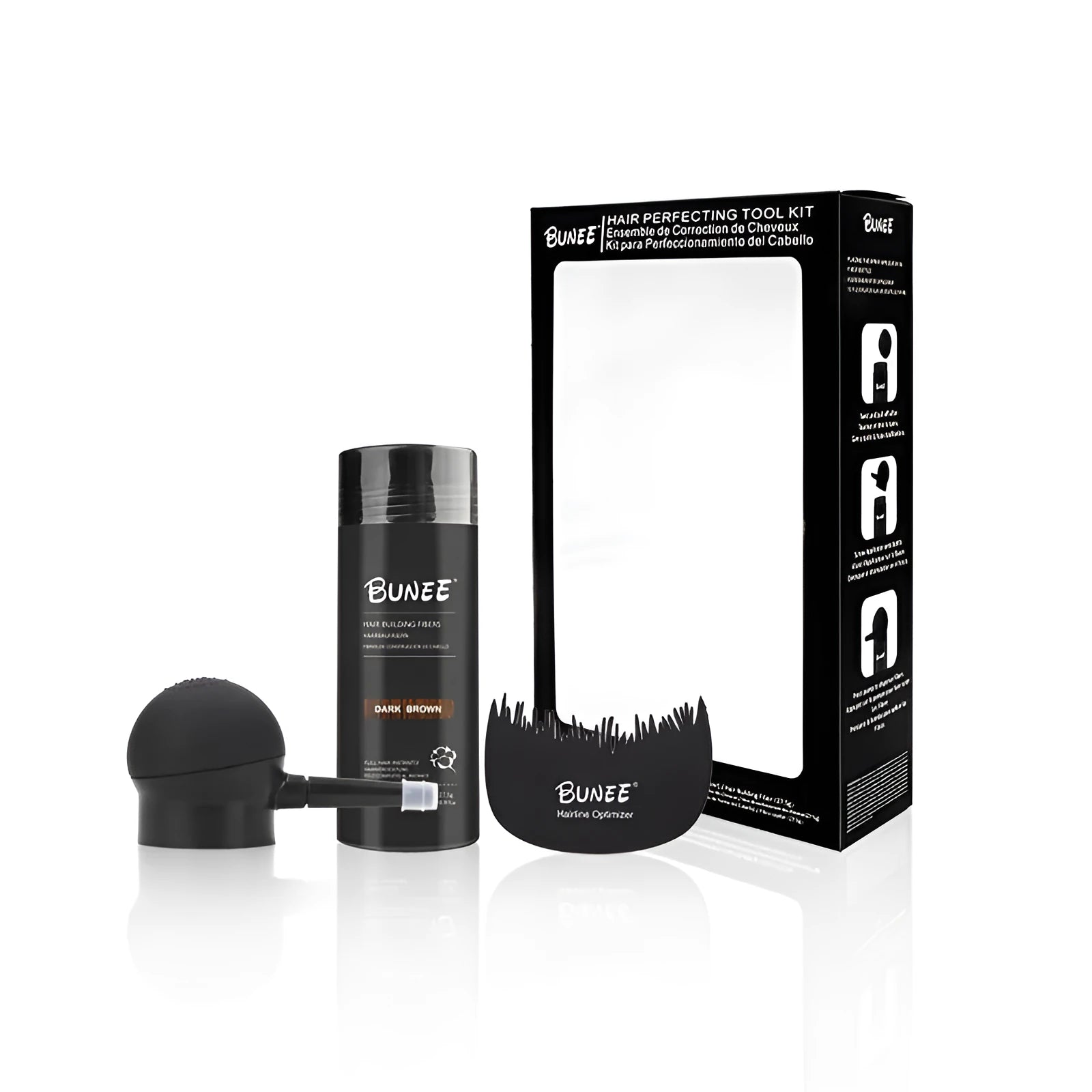 Boxed set of hair thickening fibre powder, applicator brush, and comb in various hair colour shades.