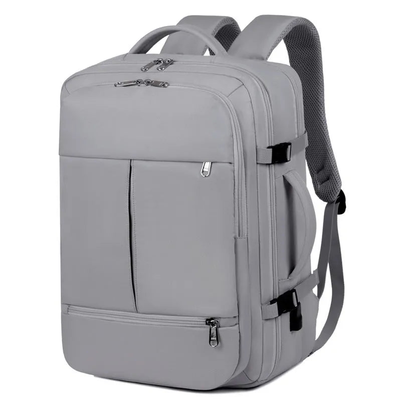 Waterproof Oxford cloth backpack in colour options showing multiple pockets and zippers, sized for a 15.6 inch laptop.