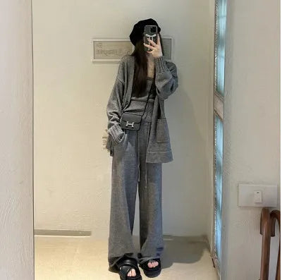 Women's knit cardigan vest suspender pants three-piece set in wool blend fabric