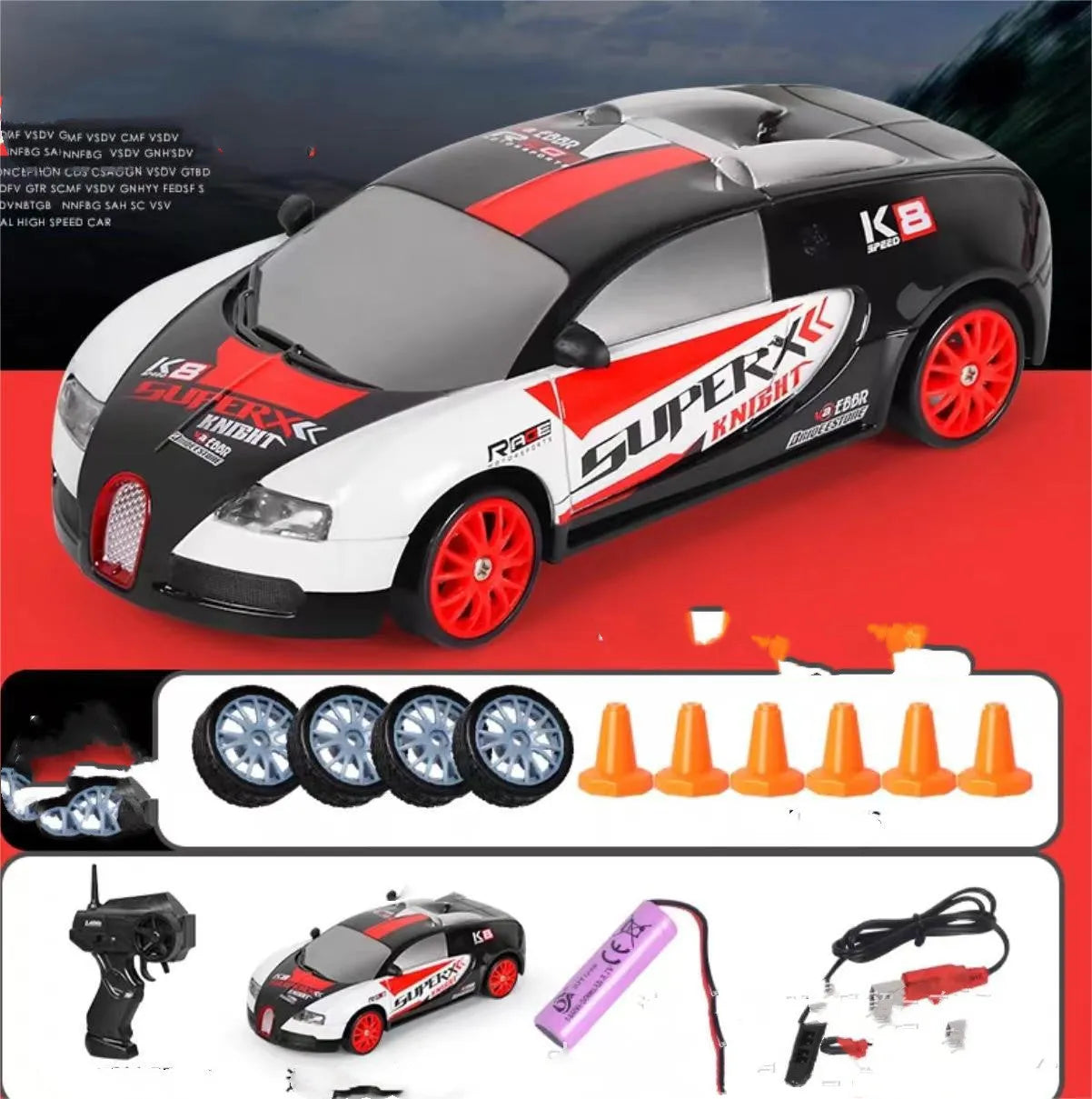2.4G RC drift car 4WD 1:24 scale remote control toy GTR model in classic style on road with traffic cones