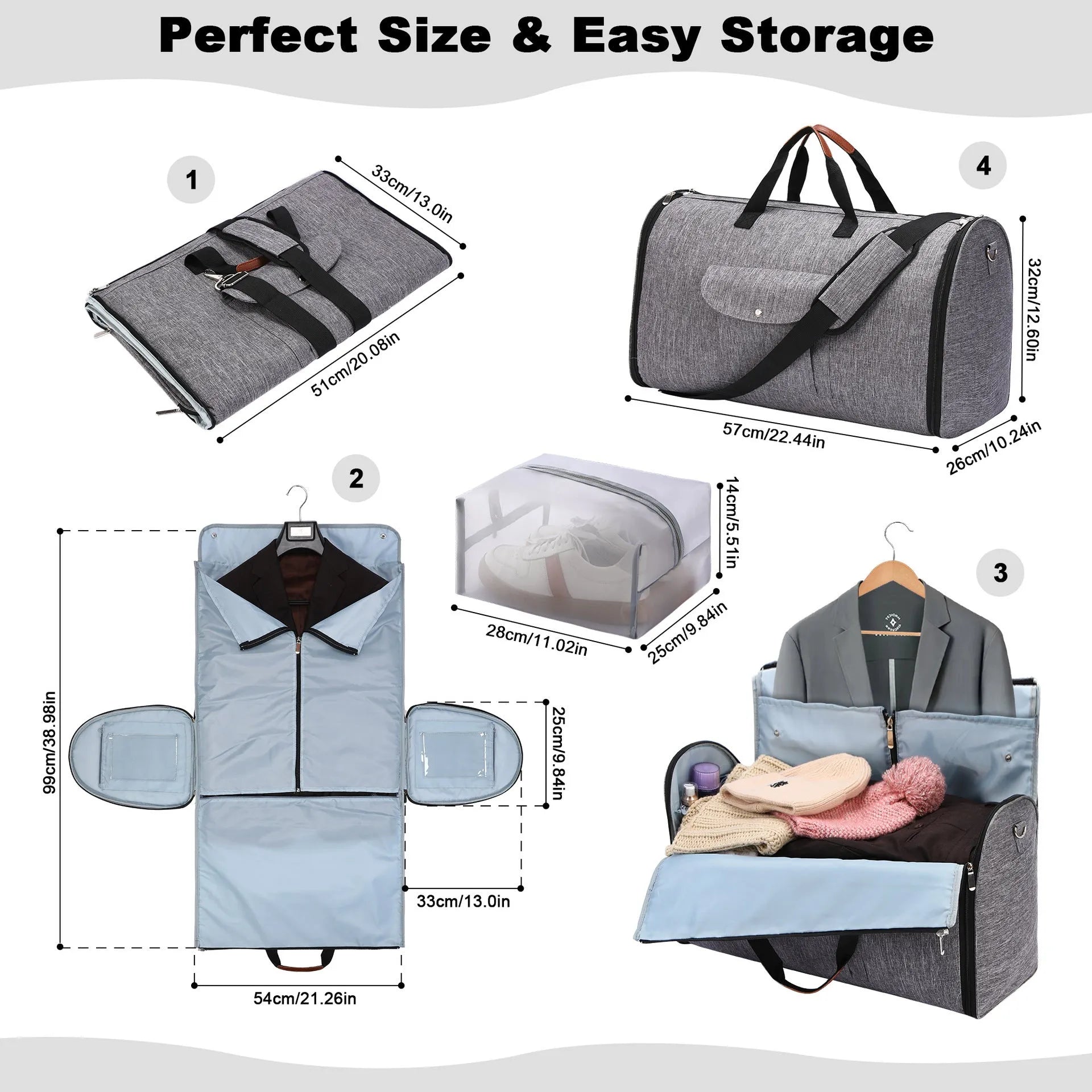 Dark blue folding duffel bag made from oxford cloth, shown with capacity for travel and gym use.