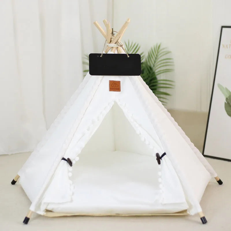 White striped linen teepee tent pet bed with cushion for small dog or cat