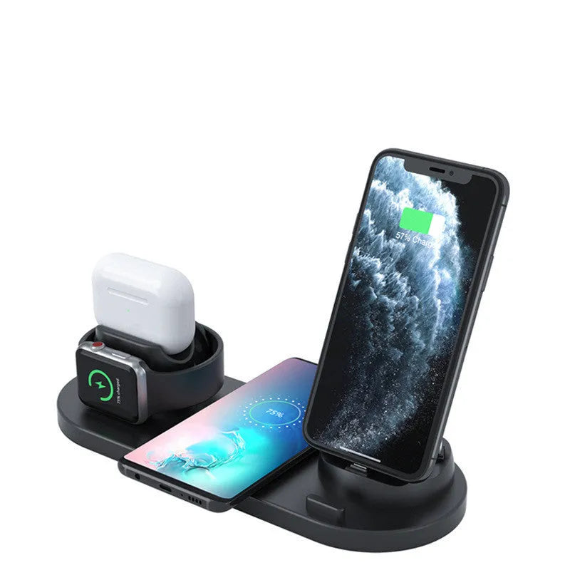 Black 6-in-1 wireless charging station organising a phone, Apple Watch and AirPods on a desk