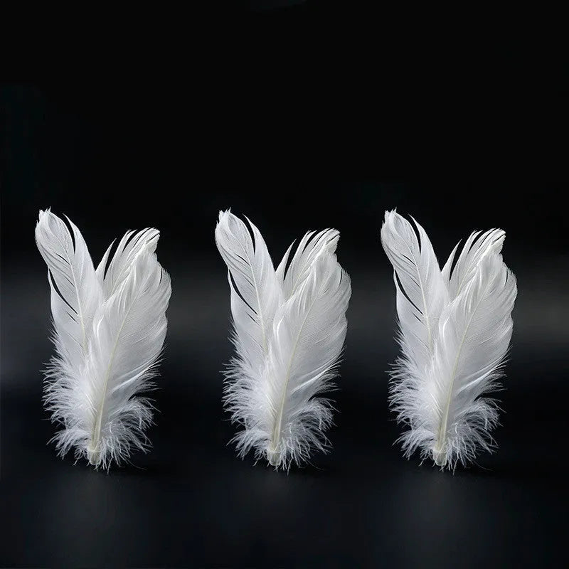 Tumbler cat toy in white with three replacement feathers on a light background