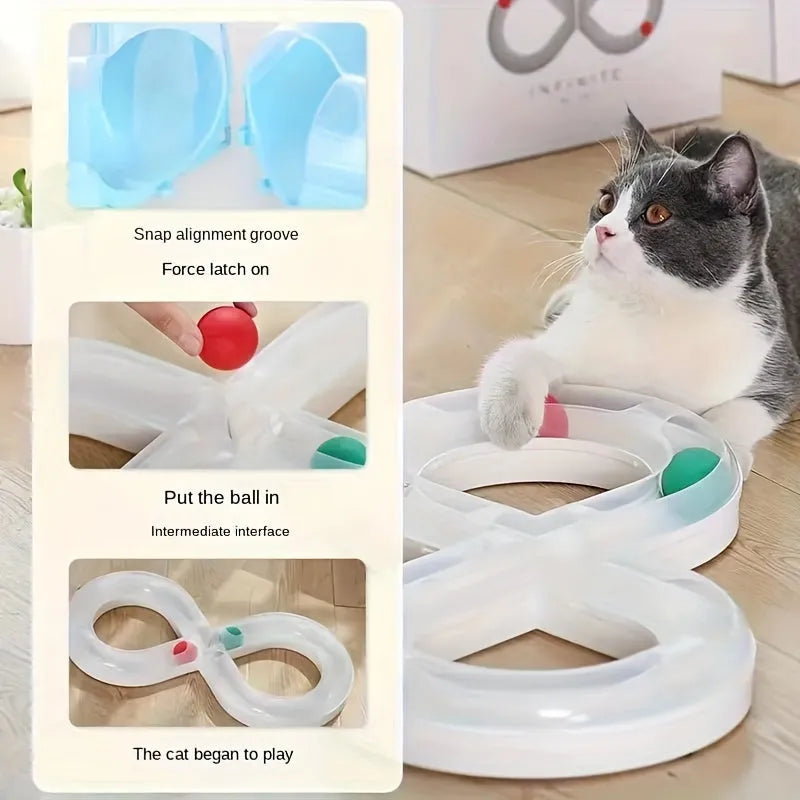 Blue and white cat turntable track toy with teasing stick for interactive play