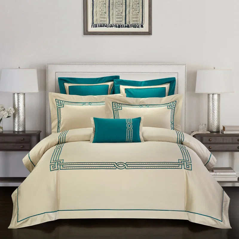 Cotton embroidery bedding set showing satin weave texture and embroidery pattern detail