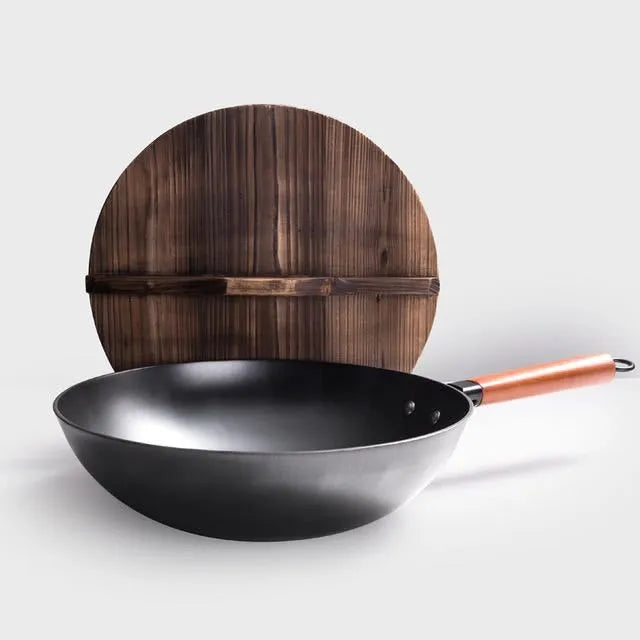 Traditional black iron wok with wooden handle, 40cm diameter, shown with glass lid option
