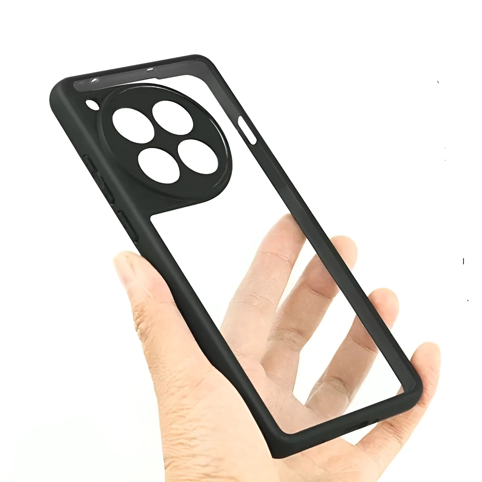 Transparent PC TPU frosted phone case with black border for OnePlus, showing corner airbags and camera cutout