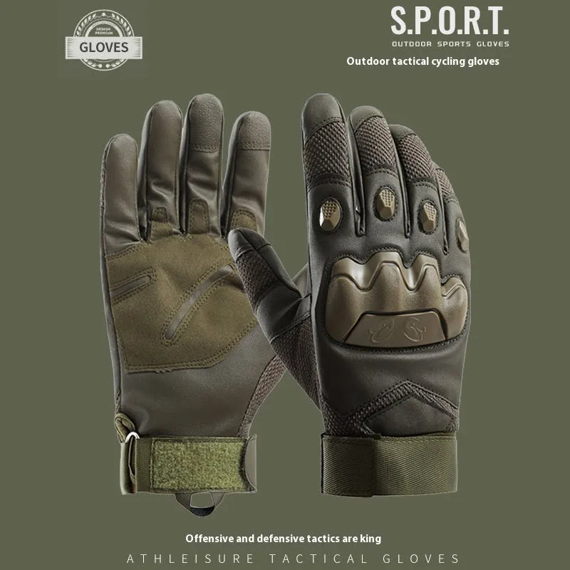 Men's black full finger tactical gloves with breathable fabric and touchscreen capable fingertips.