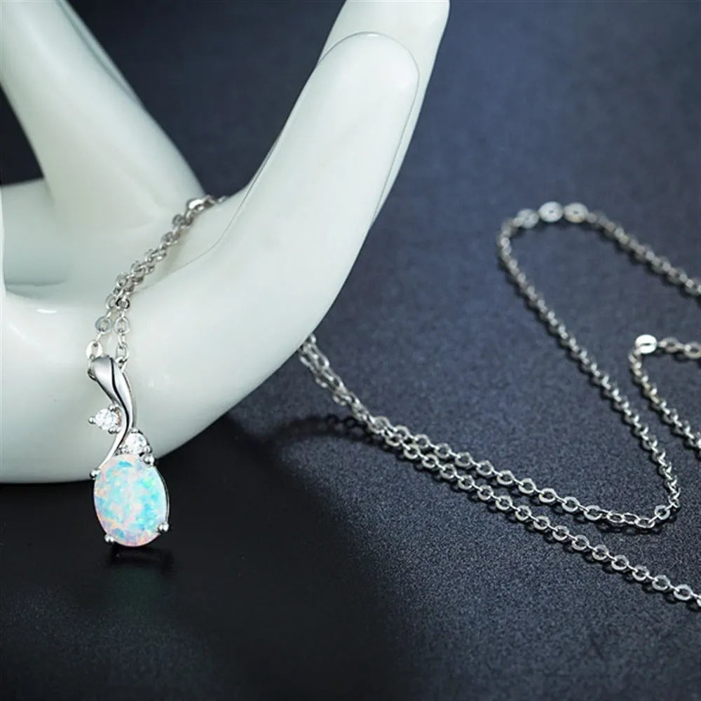 Water drop opal pendant necklace with adjustable chain in rose gold or white finish