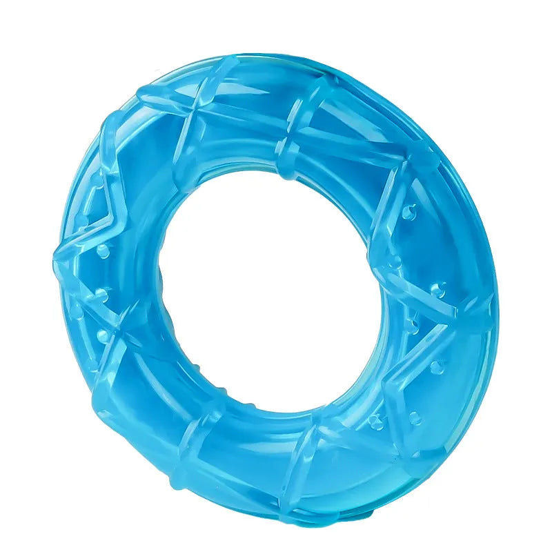 Set of three dog toys: a silicone pacifier, a freezable popsicle, and a silicone ring for cooling and chewing.